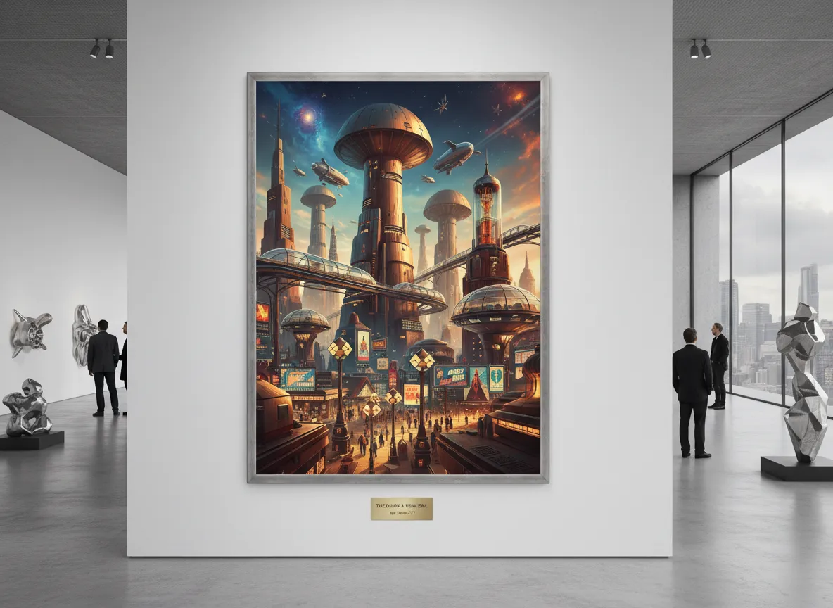 Un'opera d'arte Atompunk finita esposta come una grande stampa di alta qualità in una galleria moderna.