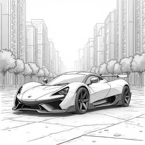 Visualize a futuristic sports car, hyper-stylized with sharp angles and a sleek, aerodynamic design, set against a backdrop of an urban landscape filled with towering skyscrapers. Emphasize the car's 