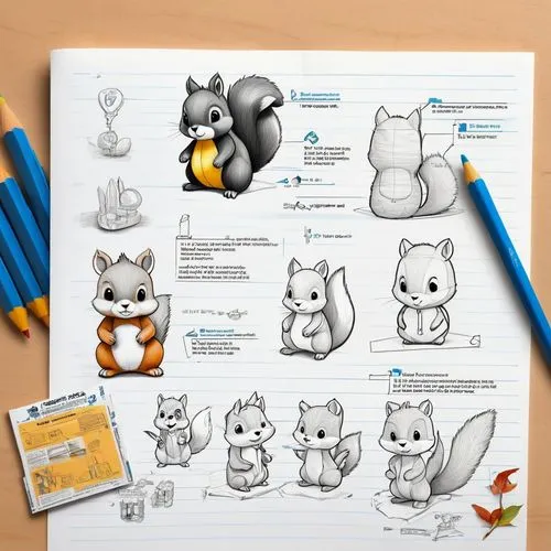HIRO,Plush toy and it's pencil design manuscript: A little squirrel and his design process pencil manuscript,with length marks,pencil designs from all angles,,several different types of animals sittin