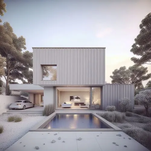 Rectilinear Villa,  double-story buildings with a strong emphasis on symmetry and balance. Cantilevered sections or overhangs are common, giving a sense of lightness and modernity.open-plan, with interconnected spaces like living, dining, and kitchen areas. Large windows and sliding glass doors integrate indoor and outdoor spaces. Simple rectangular or L-shaped forms are predominant, often with large expanses of glass to maximize natural light and views.