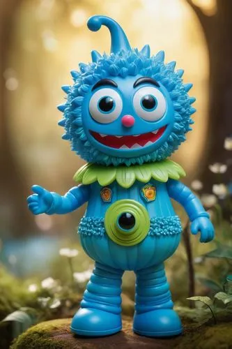 Create a cute yo gabba gabba blue alien doll character with cute eyes and a playful look at the camera and smiling in 3d,a blue toy standing on top of a moss covered field,smurf figure,filbert,cute ca