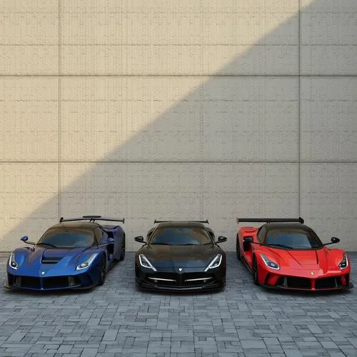 Three luxury cars standing front of wall on footpath ,four different model cars lined up against a building,mclarens,lamborghinis,ferraris,supercars,ferrari 488,ferrari 488 gtb