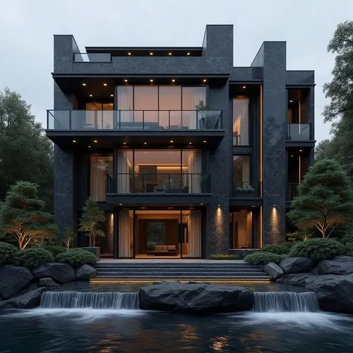  A luxurious, ultra-modern, three-story mansion with a sleek, dark gray marble facade and prominent vertical columns, situated in a refined, upscale residential setting. The exterior features large fl