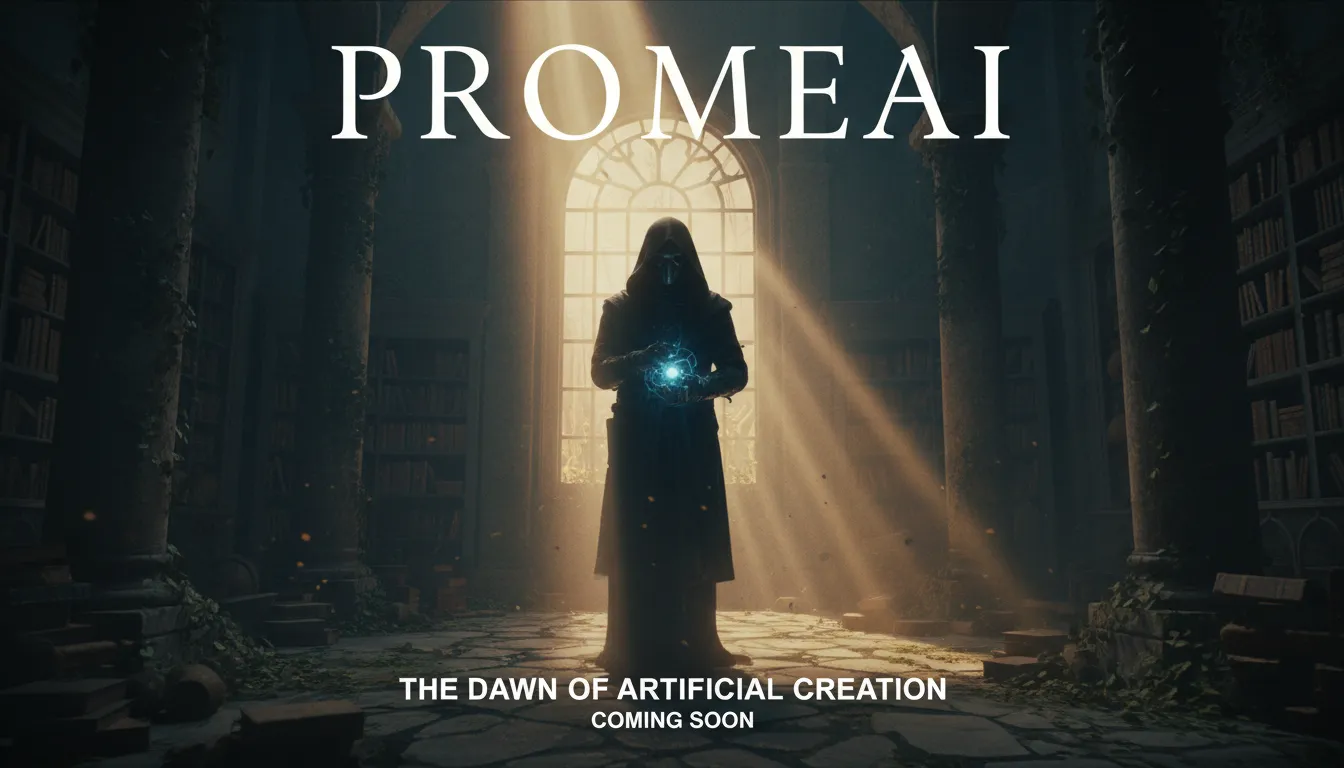 Un poster cinematografico creato con PromeAI, che mostra una drammatica illuminazione volumetrica che filtra da una finestra per illuminare una figura misteriosa.