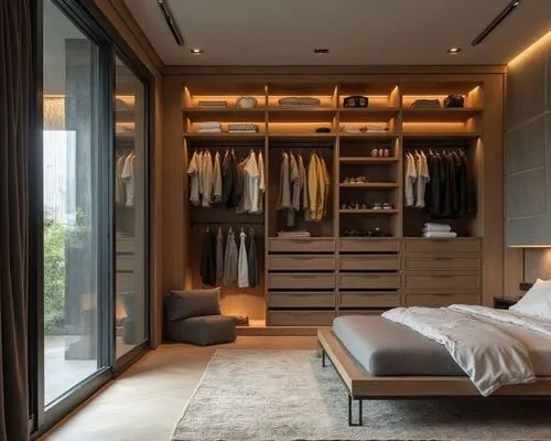Una fotografía de alta definición de un vestidor moderno integrado en un dormitorio, con grandes puertas correderas reflectantes, estanterías abiertas, espacio para colgar ropa y cajones, incluyendo u