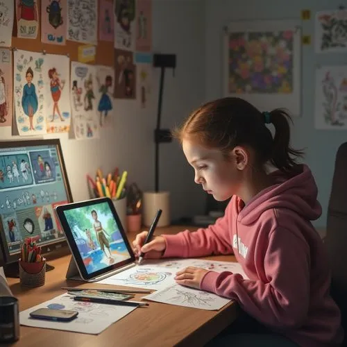 A teenage girl creating digital art on a tablet, her stylus gliding across the screen. Her desk is surrounded by inspiration sketches and a small bulletin board pinned with colorful ideas.,little girl