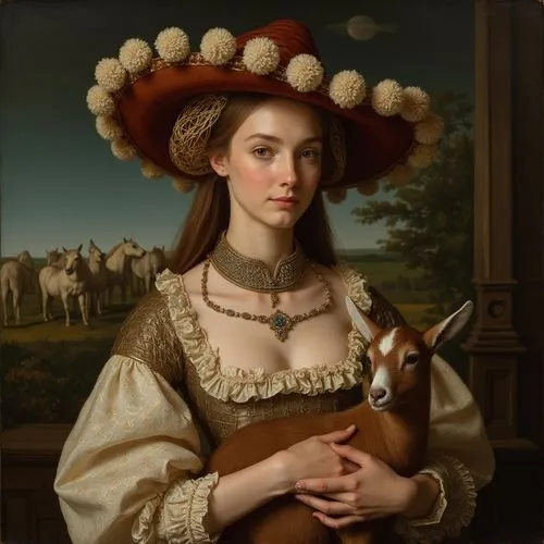 <Portrait of a fair-haired lady with a small goat in her hands>, ​​painting <class> Lucas Cranach the Elder, on head wide-brimmed, horizontally asymmetrical headdress, red-brown hat with slits and whi