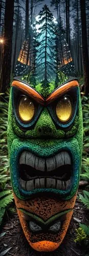 a mask is on display in a forest,frog background,the ugly swamp,woodman,cartoon video game background,swamp,croaky,angry man,forest man,swampy,ctr,him,shambling,angry,man frog,gaping,frog man,forest b