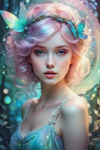 holographic. shabby chic dreamy glow pastel woodland freckled fairy girl swirling magical fairytale abstract ArtStation style.,the woman in blue dress is standing next to erflies,faery,faerie,faeries,
