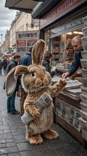 v ery realistic photo of a rabbit buying a newspaper,rabbit in rabbit costume reading news paper at a newspaper stand,rabbits,brown rabbit,hares,rabbet,vendors,peter rabbit