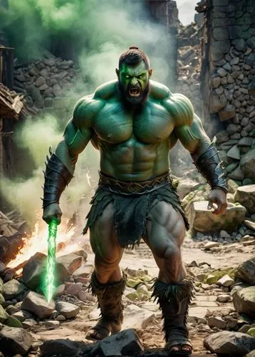 Criar guerreiro gigante muito forte, sem camisa, com muita raiva, olhos com brilho intenso na cor verde, corpo carregado de energia e raios de cor verde, chão com entulhos e pedras e ferros retorcidos