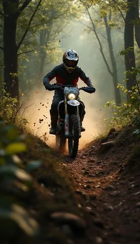the man is riding his motorcycle down the path in the forest,990 adventure r,dirt bike,downhill,trail,trails,descending,autumn light,scramblers,in the forest,dusty road,adventurist,scrambler,motorbike
