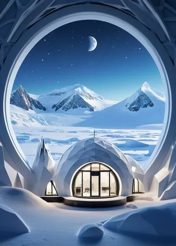 Futuristic Antarctic research station, modern sleek architecture, snow-covered rooftops, metallic materials, steel beams, glass windows, icy blue lighting, frozen tundra landscape, snowy mountains in 