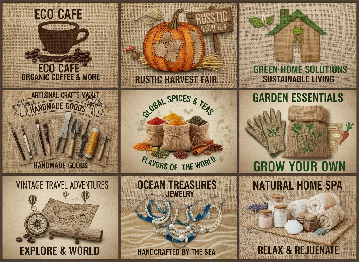 Un collage di nove concept di poster distinti, tutti con diverse applicazioni della iuta, generati da un singolo prompt di testo.