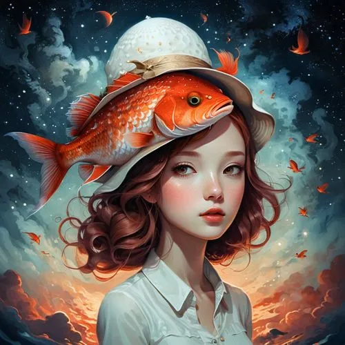 A detailed digital illustration of a great red fish in the night sky. The focal point is the large brown scales of the fish, with the human hand on the roof and the woman who wears a white hat sitting