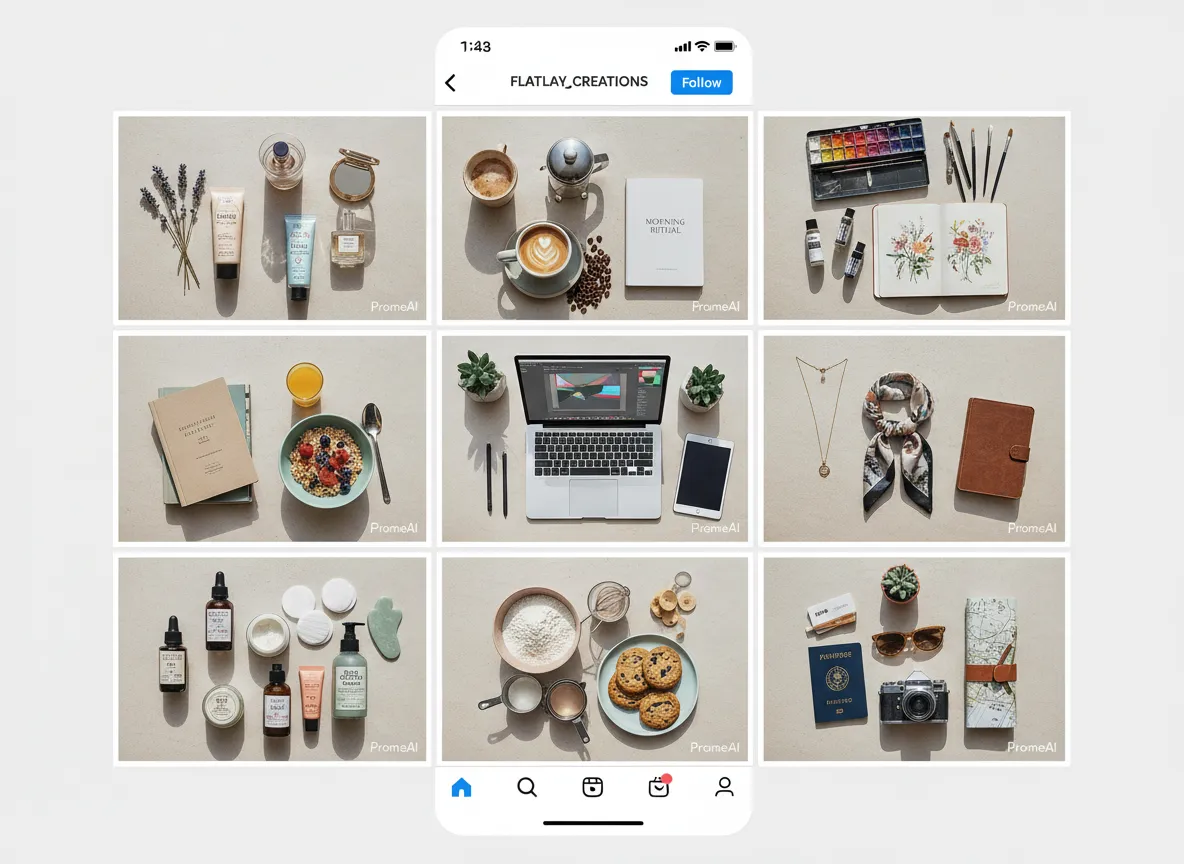एक इंस्टाग्राम फ़ीड मॉकअप जिसमें नौ पोस्ट दिखाए गए हैं, सभी में PromeAI के साथ बनाई गई एक सुसंगत फ्लैट ले शैली है।