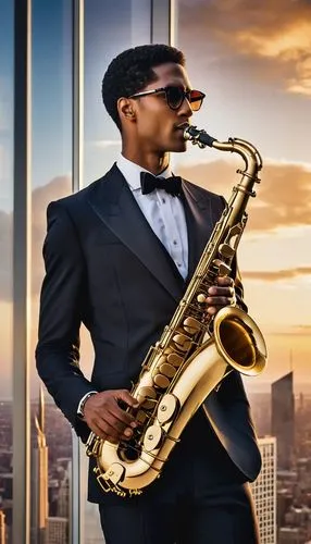 Modern architectural Digest magazine cover, solo Jon Batiste, 30s, handsome facial features, short black hair, stylish glasses, suit and tie, holding a saxophone, standing in front of a sleek skyscrap