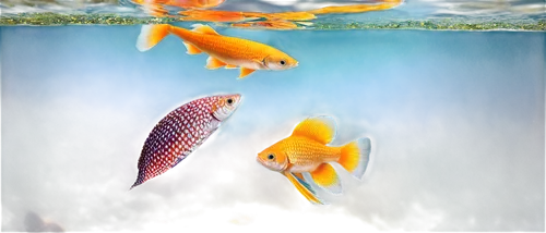Colorful fish, various species, swimming pose, vibrant scales, shiny fins, aquatic plants, coral reef, water surface reflection, soft sunlight filtering through water, 3/4 composition, shallow depth o