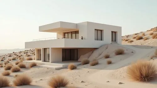 Piensa como un experto en arquitectura y genera una mejora en la imagen incorporando un estilo arquitectónico deconstructivista con formas geométricas totalmente suavizadas en un entorno árido totalme