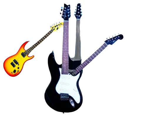 Electric guitars, multiple, colorful, different shapes, abstract background, blurry, bokeh effect, vibrant colors, neon lights, dynamic composition, low angle shot, dramatic lighting, HDR, panoramic v