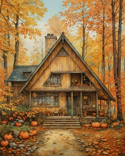 Cabin in the forest, autumn landscape ,a painting of a rustic cabin in the woods,autumn decoration,fall landscape,autumn decor,autumn theme,autumn camper,autumn background