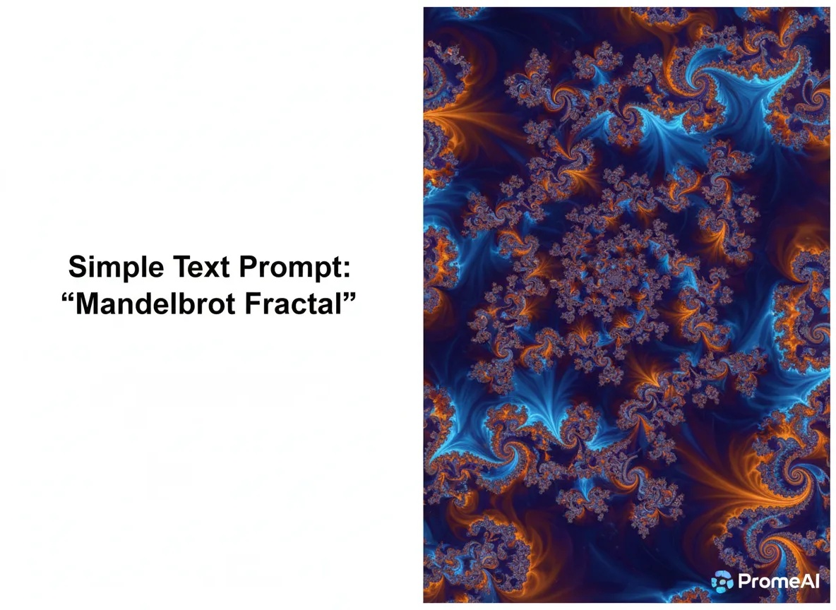 एक सरल टेक्स्ट प्रॉम्प्ट और PromeAI द्वारा बनाई गई जटिल Mandelbrot फ्रैक्टल आर्ट को दिखाने वाली एक साथ-साथ तुलना।