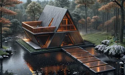 cubic house,house in the forest,japanese architecture,cube stilt houses,inverted cottage,asian architecture,wooden house,corten steel,timber house,house with lake,house in mountains,cube house,house i