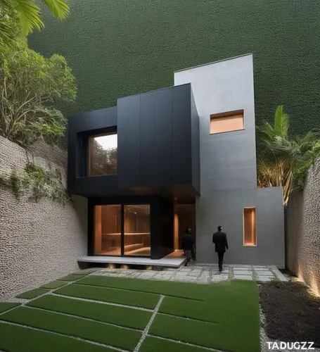 An extreme close-up view of a black and gray, realistic styled view of a house painted over with the facade split up to reveal its interior. The house is built with exposed brick wall and wood panelin