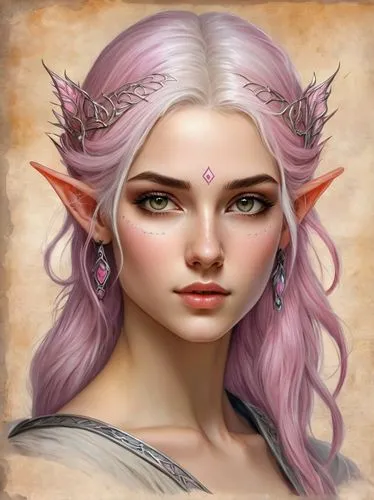 High quality concept art portrait featuring a fantastic and beautiful and fair 18 years old whit Silver pink hair and Hazel eyes Caucasian o lot of color Elven women(Bella Delphine) whit drawn on weat