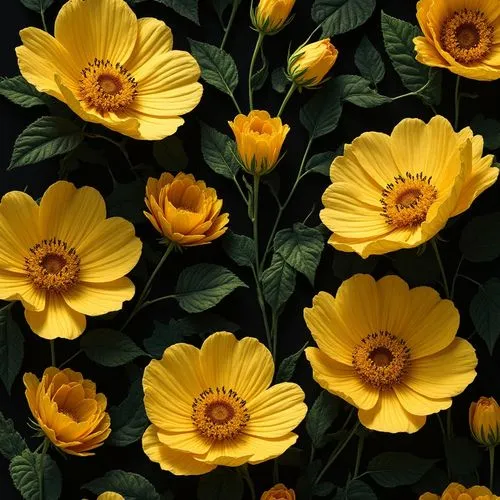Create a vibrant floral pattern featuring large, cheerful yellow flowers with intricate centers and slender green leaves, all set against a deep black background. The composition should include a mix 
