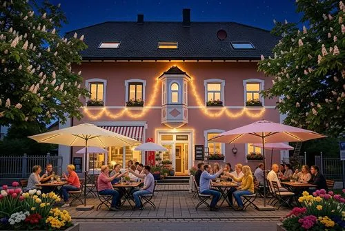 Das ist ein Cafè in Klosterlechfeld. Entferne die Autos im Vordergrund, ergänze  Tische mit fröhlichen Menschen und aufgespannten Sonnenschirme,  ergänze Lichterketten an der Fassade, erzeuge eine frü