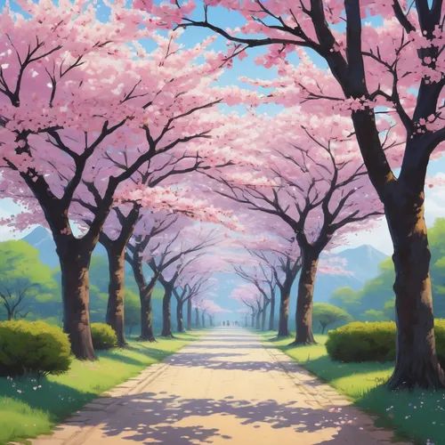 Create a peaceful anime wallpaper with cherry blossom trees,sakura trees,japanese sakura background,sakura background,cherry blossom tree-lined avenue,sakura tree,takato cherry blossoms,japanese cherr