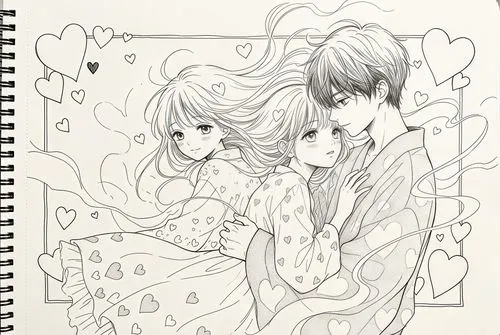 Romance & shojo intimate character pairings with delicate line work and heart
motifs,a couple hugging and looking at the sky in a coloring book,heart line art,heartstrings,valentine line art,flower li