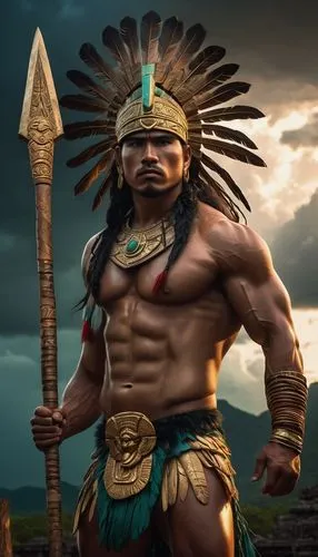 Huracan Mayan God, muscular male, strong facial features, feathered headdress, gold and jade jewelry, loincloth, bare chest, powerful legs, holding a lightning axe, stormy background, dark clouds, fla