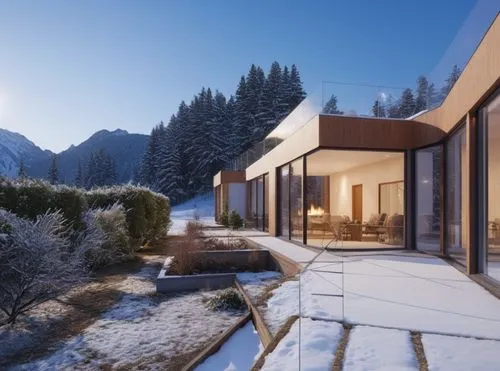 there is a beautiful house that looks out into the snow,winter house,house in the mountains,house in mountains,snow roof,chalet,snow house