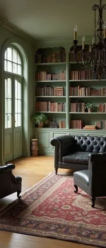 A refined and traditional indoor space, featuring an expansive bookshelf painted in soft sage green, perfectly harmonized with warm wooden floors. The design incorporates classic details like arched w