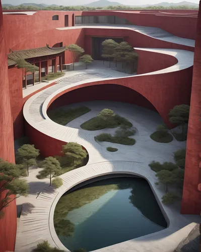 architectural plan for a building of (Song dynasty:1.2), red walls, silk decor, (Tadao Ando style: 1.3), inspired by Zha Shibiao, conceptual art, rammed earth courtyard, buddhist architecture, dune,
