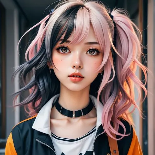 a young woman with pink and black hair,anime girl,junko,xiaolu,neopolitan,nanami,jiarui,artist doll,yuki,yaohan,girl portrait,digital painting,liu,zuoyun,anime cartoon,harajuku,nea,bjd,miu,aya,digital
