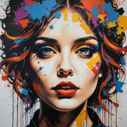 a painting of a woman with blue eyes and colorful hair,nielly,chevrier,pacitti,rone,adnate,rankin,seni,graffiti art,grafite,graffiti,emic,painting technique,viveros,woman face,vanderhorst,bunel,cool p