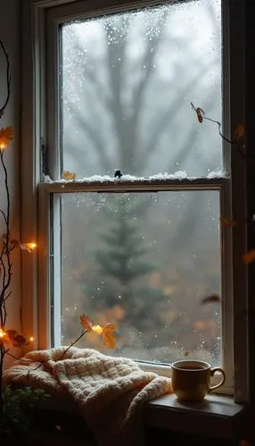 "Create a November wallpaper with a cozy window view on a rainy day, showing raindrops on the glass, a warm blanket, and a cup of tea on the windowsill."
,a window sill with