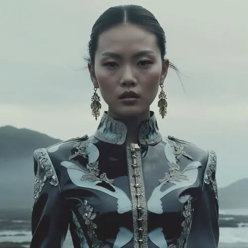 Fashion imagery ,cinematic, Asian model, Alexander Mcqueen vinyl outfit, Vogue Italia by Steven Klein
,a very pretty young woman standing by the ocean,geisha,imperial coat,exoticism,adorned,embellishe