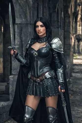 hermosa mujer metalera, maquillaje gótico,an elegant woman dressed as a knight is shown in the photo,female warrior,medieval,warrior woman,warden,huntress,medievalist,veronica,inquisitor,knight armor,