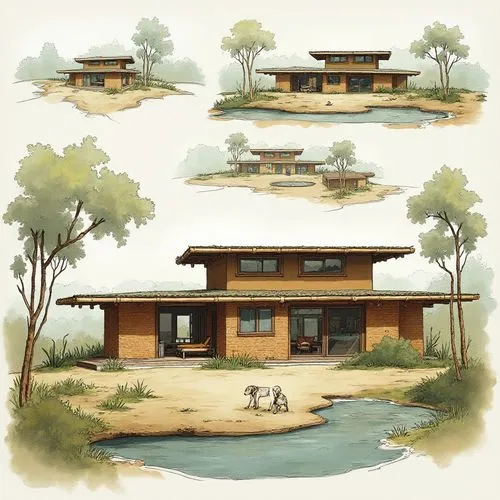 An architectural sheet that shows different perspectives of the two-level house, the architecture of this house will be of a country type between the ancient and the modern, it will be located on the 