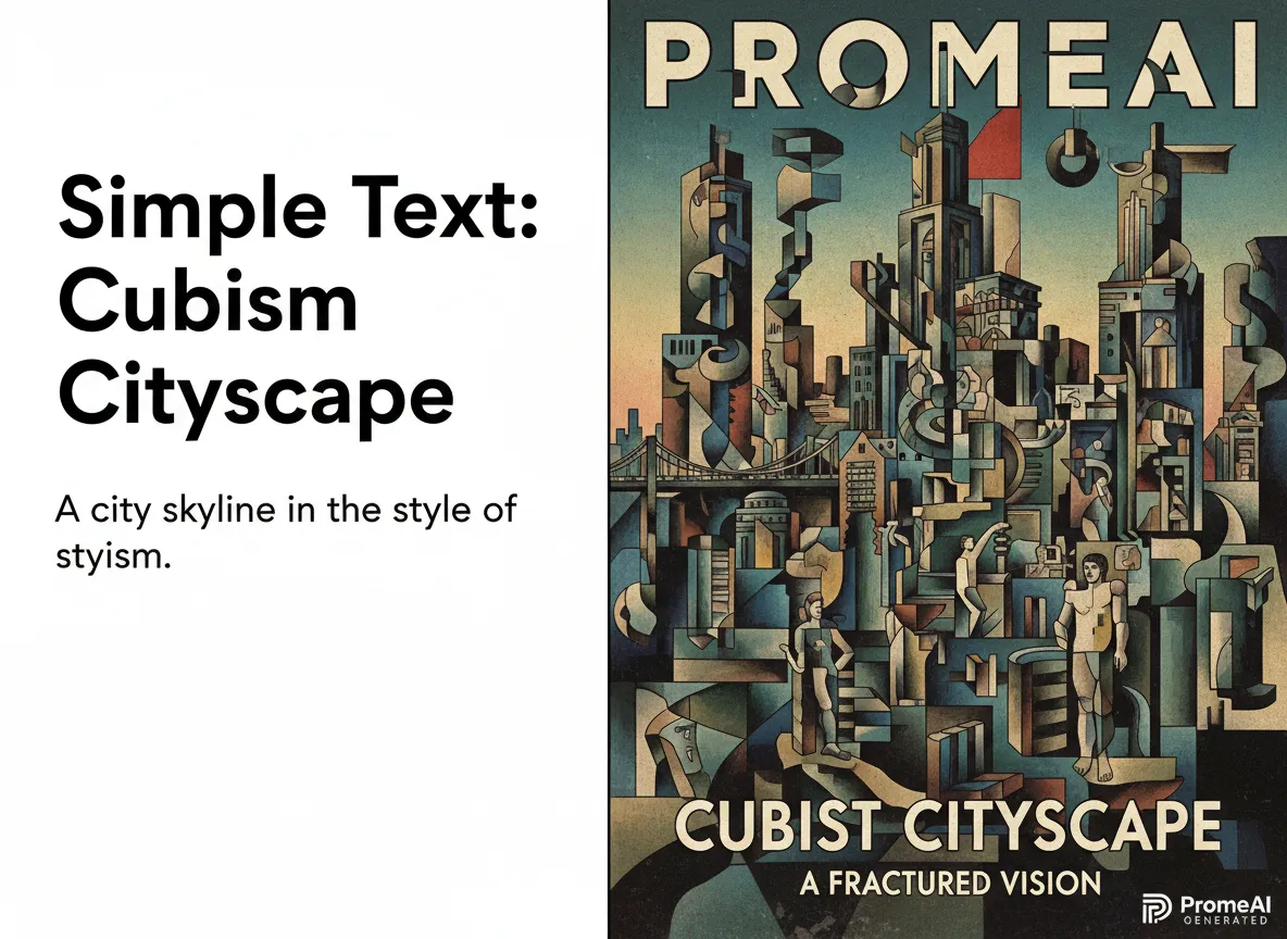 Un confronto fianco a fianco che mostra un semplice prompt di testo e il complesso manifesto cubista multi-livello generato da PromeAI.