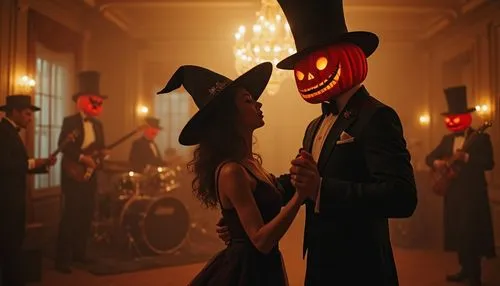 cinematic photography, isomatric photography view of a girl wear retro witch dress with top hat salsa dance with pumpkin head man wear tuxido on the elegant retro dancing hall, background music band o