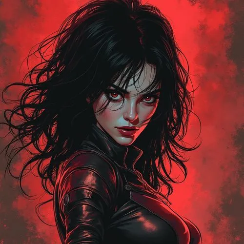 brutal Alita Battle Angel, fighting pose, sincity comix stile Frank Miller, Corruption, Bright Jet, ambient occlusion, Dark Edges, cinematic, raw, black, white and red, corel draw,a female character w