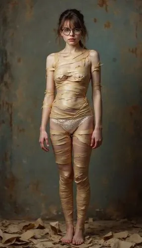 a girl in a costume and makeup posing for a po,anorexia,female body,body painting,body art,wooden doll,human body,malnourishment,mastectomy,sackcloth,gingerbread girl,woman of straw,wooden mannequin,g