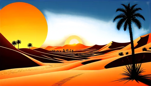 Desert landscape, HD quality, sandy dunes, endless blue sky, hot sun, few palm trees, oasis in distance, realistic textures, detailed shadows, warm color tone, cinematic composition, low angle shot, d