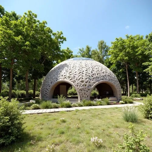 1. Forma general del domo:

Estructura semi ovalada con textura entrelazada en patrón de trenzado, hecha de concreto tipo concreto impreso en 3D. 100 mts2. máx. 10 metros de altura

El entorno es un p