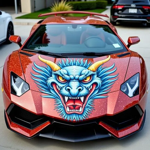 a colorfully painted lambinoe is seen on the back,game car,rajah,tribal bull,gumball,matador,cartoon car,bulls,racing machine,super car,transformer,famous car,devil,sport car,open hunting car,prowlers